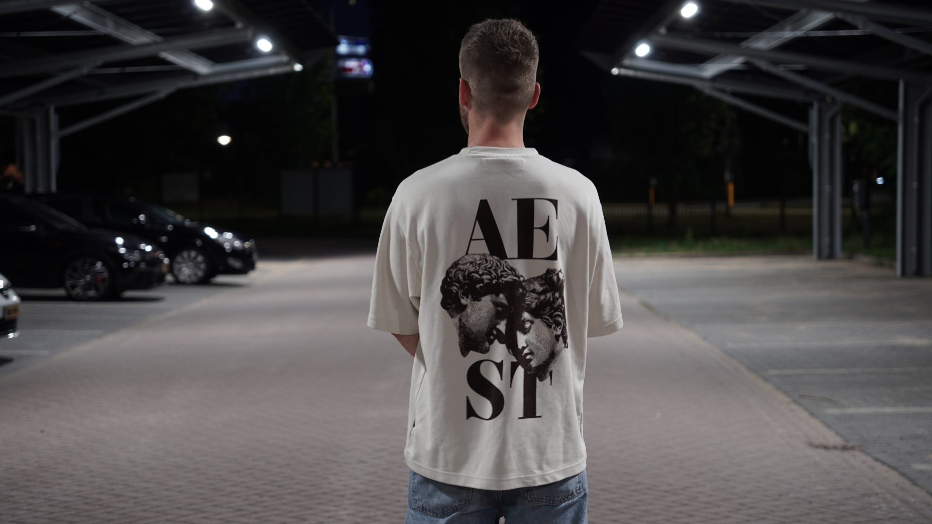 Moody night fashion branding portrait, urban outdoor
