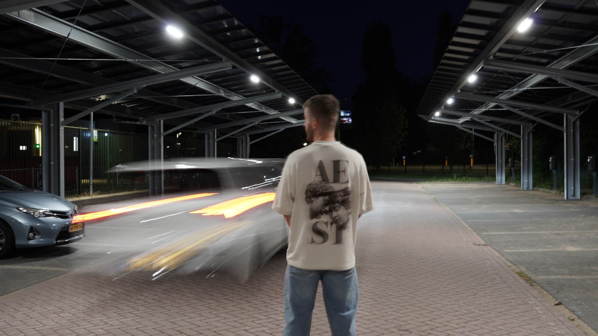 Urban night branding portrait with light trails