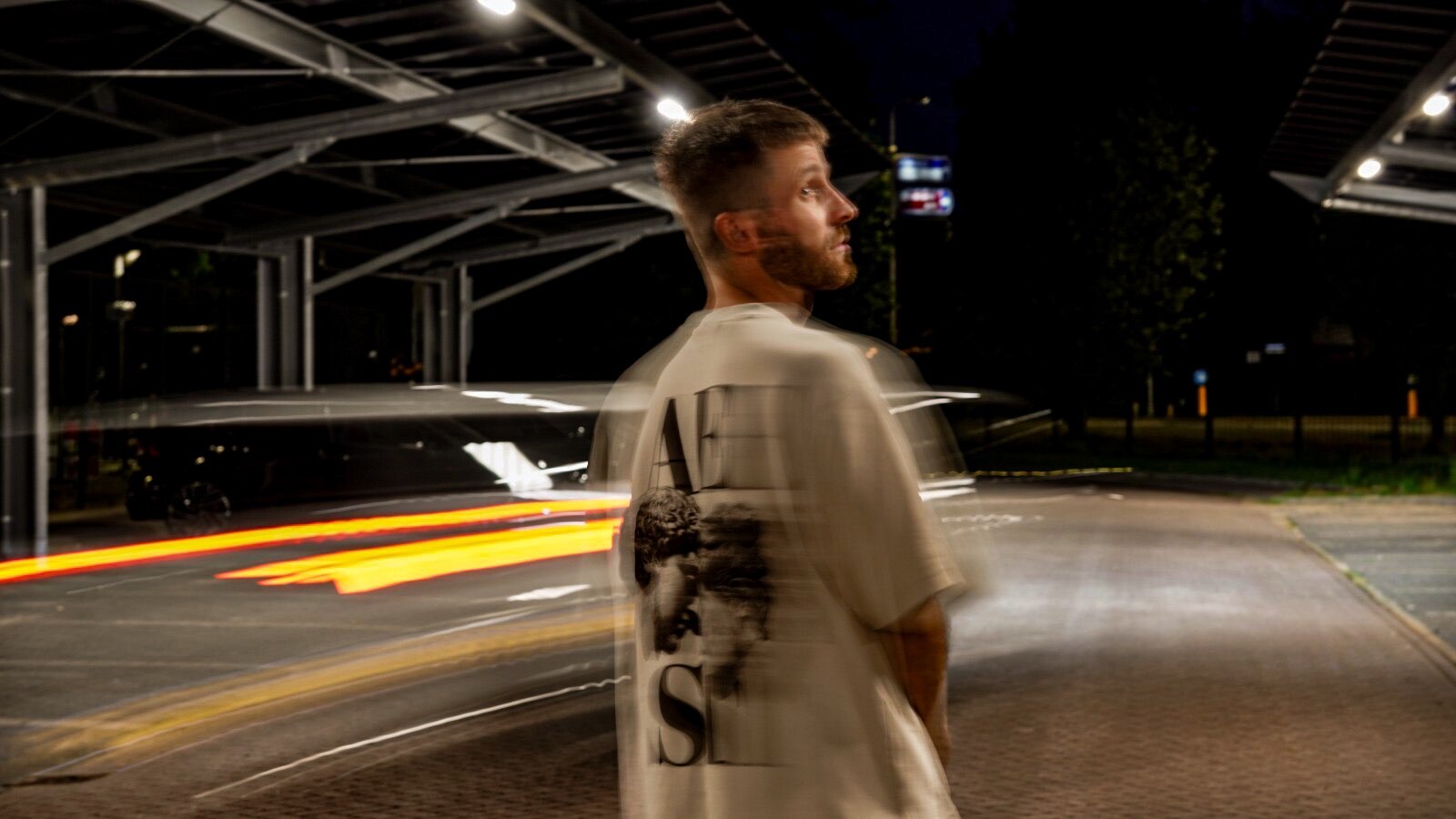 Night portrait with motion light trails