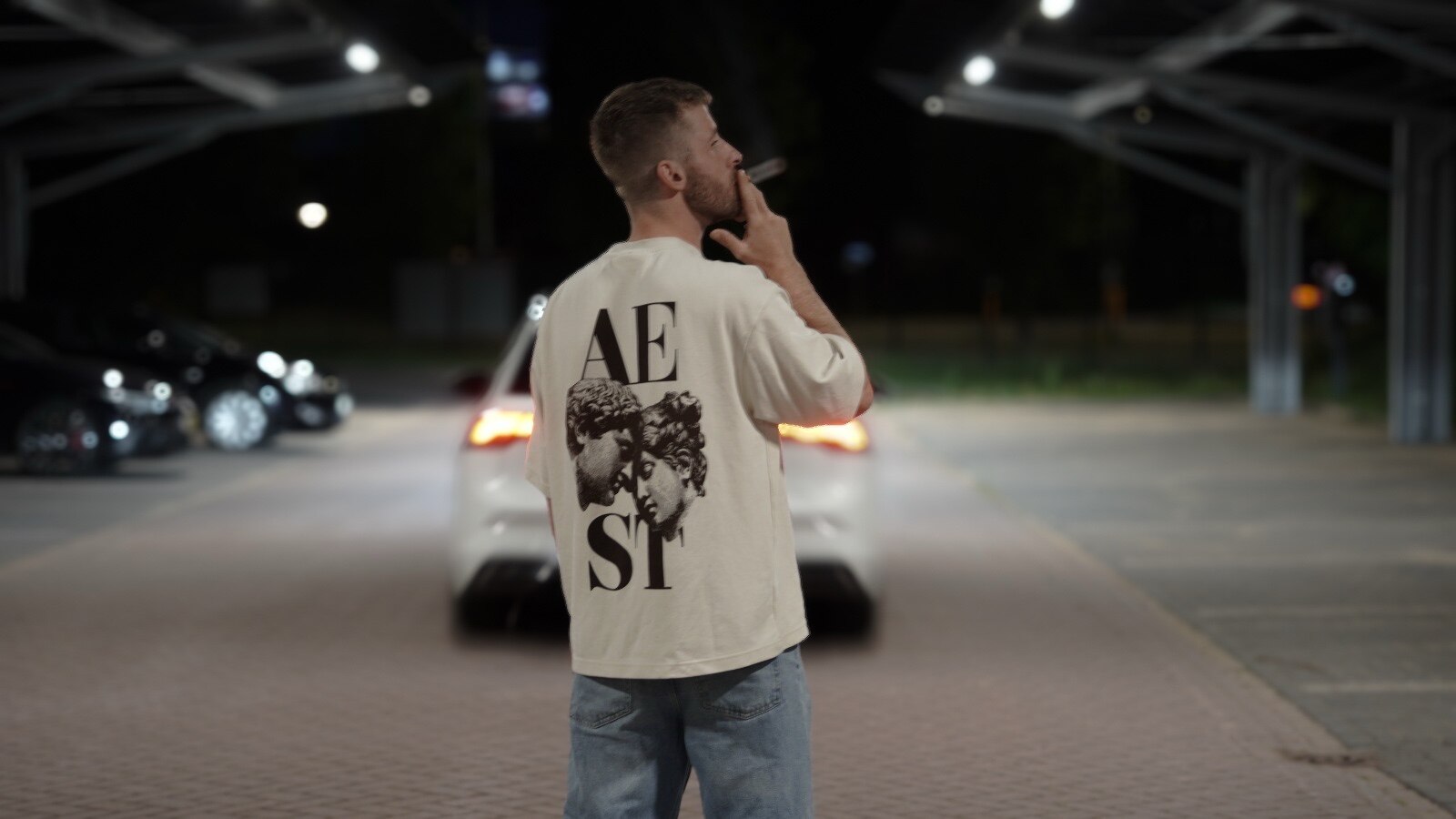 Evening branding portrait in a covered car park